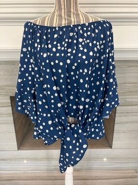 Blue Polka Dot Off-Shoulder Tie Front Top
